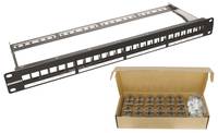 19” panel pre-loaded with 24 CAT6 keystone jacks screened without tools