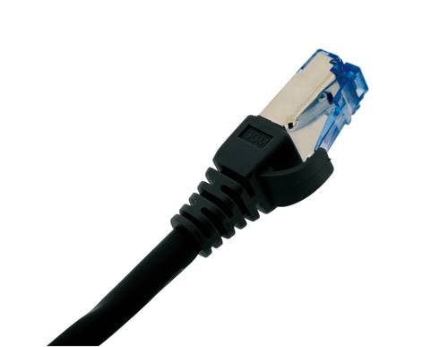 Patch cord Catégory 6A S/FTP shielded black RAL9004 27AWG RJ45 50 micron inches gold plating with slim snagless colored boots, 10G 4PPOE 30cm LSZH OD : 5.7mm, DELTA Certified ISO/IEC 11801, EN 50173, IEC 61156-5, ANSI/TIA-568.2-D