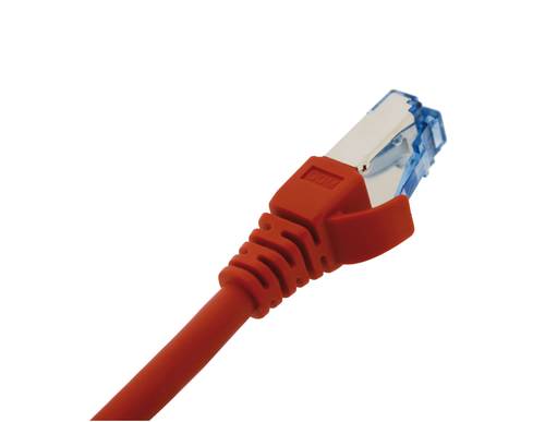 Patch cord Catégory 6A S/FTP shielded red RAL3018 27AWG RJ45 50 micron inches gold plating with slim snagless colored boots, 10G 4PPOE 50cm LSZH OD : 5.7mm, DELTA Certified ISO/IEC 11801, EN 50173, IEC 61156-5, ANSI/TIA-568.2-D