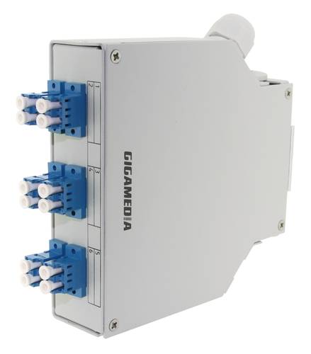 DIN rail optical metal loaded with 6 LC duplex multimode grey adapters with ceramic sleeve + splice tray