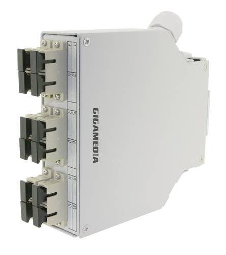 DIN rail optical metal loaded with 6 SC duplex multimode grey adapters with ceramic sleeve + splice tray
