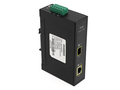 30W industrial DIN-RAIL PoE injector SFP 802.3AT PSE 48V 550mA input 1x DATA IN (SFP) - 1x DATA + PoE OUT (RJ45)