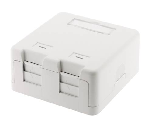 EMPTY WHITE SURFACE MOUNT BOX 2 PORTS KEYSTONE 63X65X30MM WITH INSERT AND SHUTTER, UL 94V-0