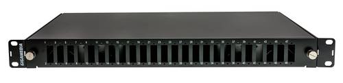 1U empty and sliding patchpanel for 24 SC duplex / LC quad adapters, black colour + spooling accessories