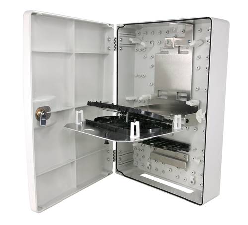 16 fibers wall-mount ABS IP54/IK10 UL94VO plastic box to load with SC simplex / LC duplex adapters or fusion splices (splice trays included), possibility to load with 2x mini PLC splitters