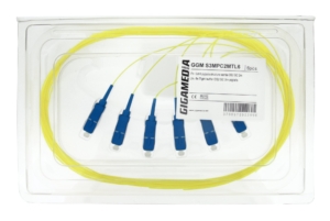 Lot of 6 OS2 9/125µm tight buffer SC/UPC pigtails, 2 meters, yellow colour