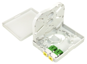 White ONT preloaded with 2 SC/APC green adapters with shutter, wall-mount use