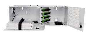 FTTH Multi-dwelling unit loaded with 48 SCAPC adapters + 4 fusion splice trays