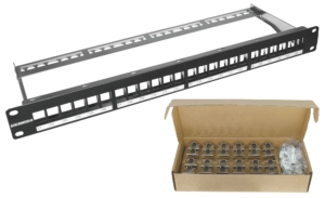 Panneau 19″ équipé de 24 noyaux CAT6 blindés sans-outils