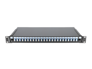 Preloaded 1U black patchpanel with 24 LC duplex OS2 adapters+48 colored pigtails