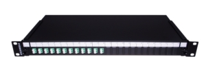 Tiroir optique noir 1U multimode OM3 équipé 12 raccords LC duplex turquoises