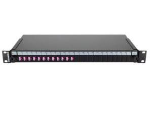 Tiroir optique noir 1U multimode OM4 équipé 12 raccords LC duplex violets