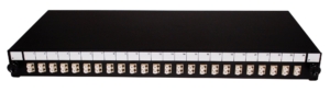 Preloaded 1U black patchpanel with 24 LC duplex OM2/OM3 grey adapters